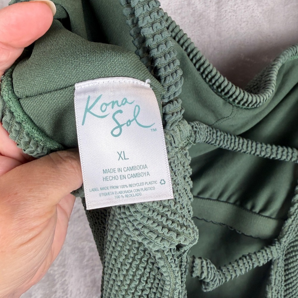 Kona Sol Womens XL Olive Green Smocked Waffle One Piece Swimsuit Open Back XL - Picture 4 of 6